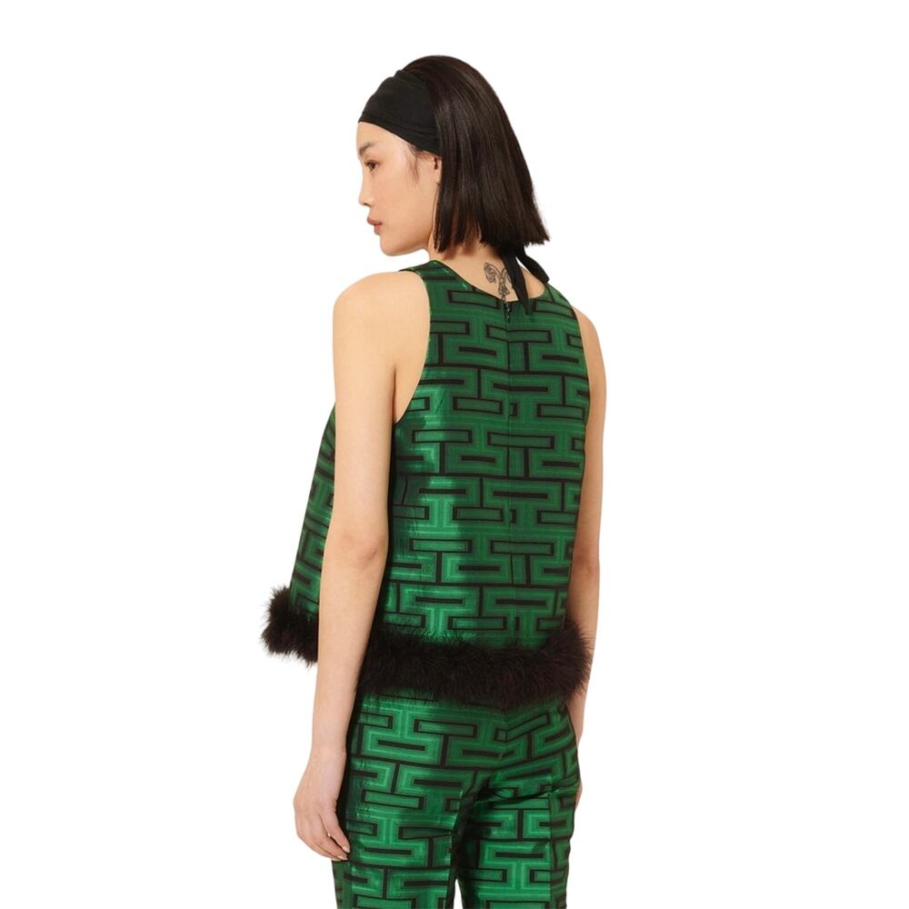 Tara Jarmon Presley Woven Graphic Straight Leg Feather Trim Pants Set Size 4 - Picture 3 of 6